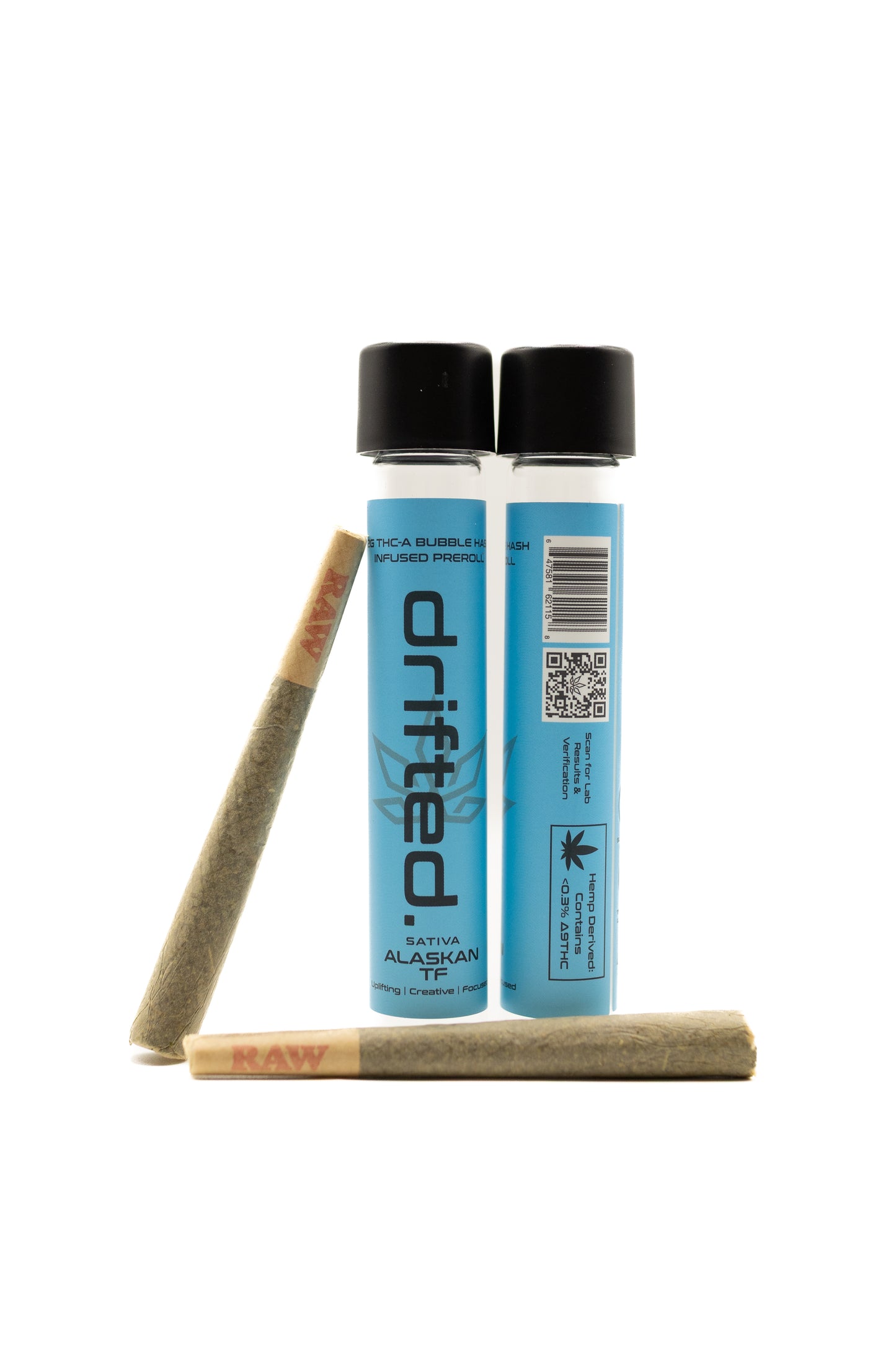Two Drifted pre-rolled joints with packaging on a white background