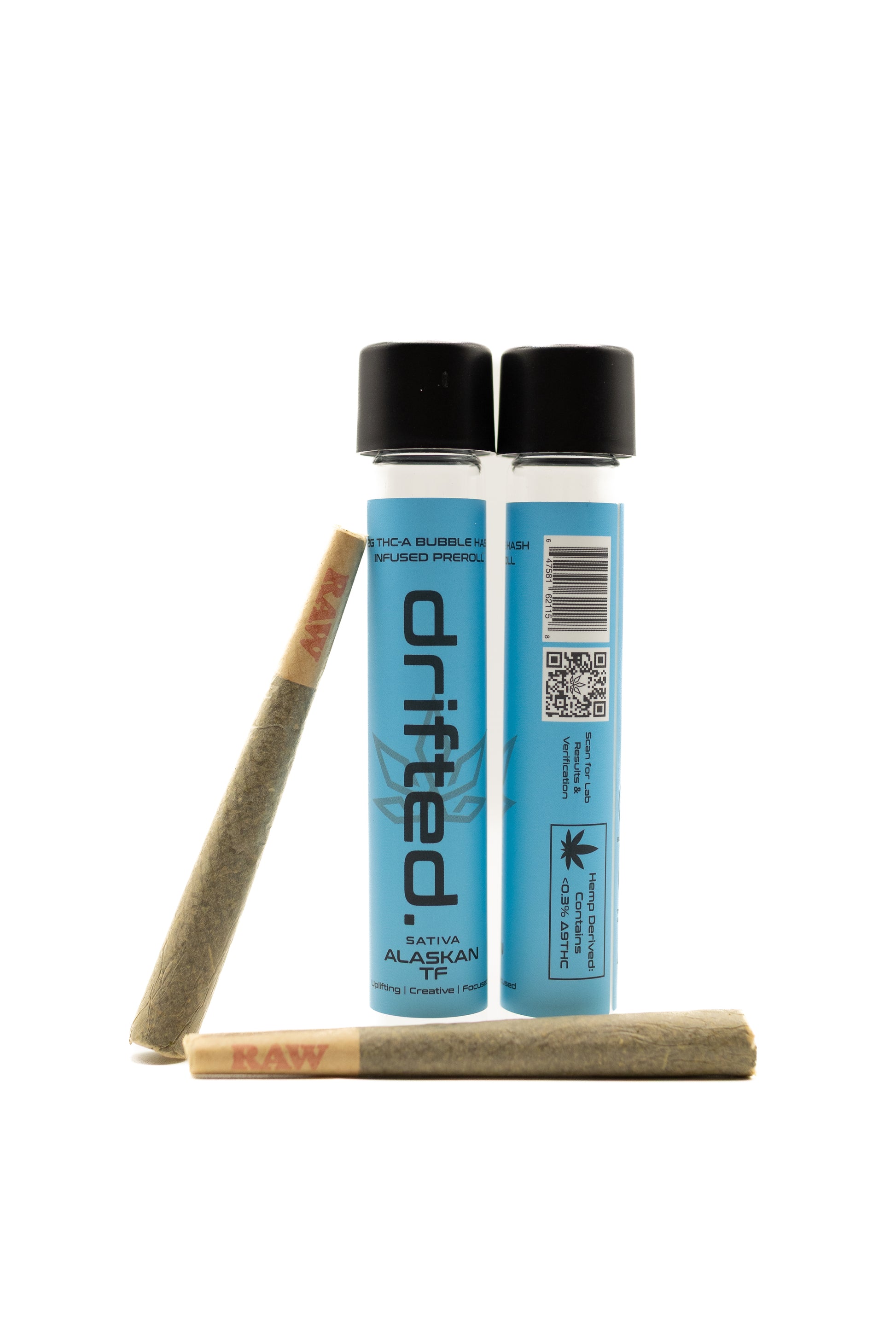 Two Drifted pre-rolled joints with packaging on a white background