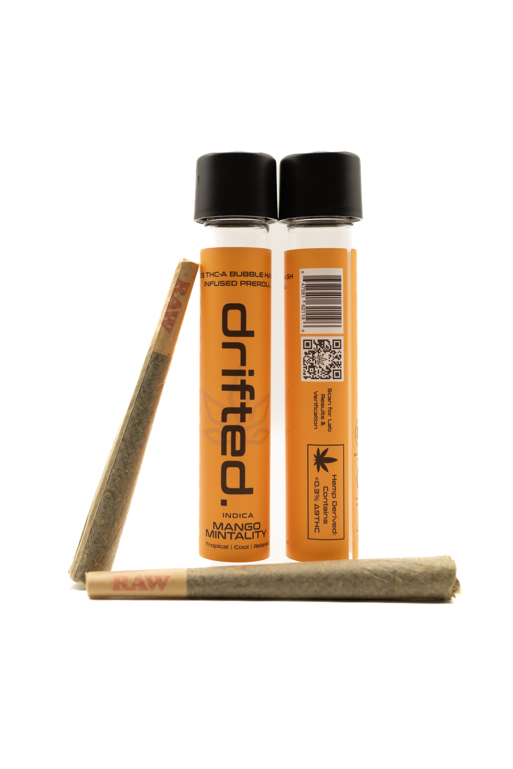 Two Drifted pre-rolled joints with packaging on a white background